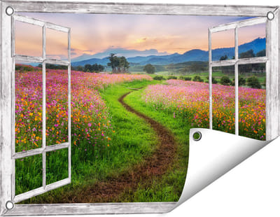 Gards Tuinposter Doorkijk Kosmos Bloemenveld met een Pad - Bloemen - 60x40 cm - Tuindoek - Tuindecoratie - Wanddecoratie buiten - Tuinschilderij