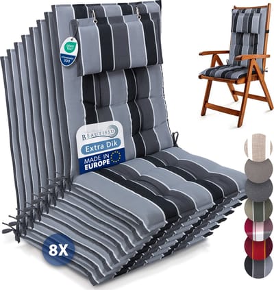 Beautissu Sun-HL – Set van 8 Premium Hoge Rugleuning Stoelkussen 120x50 cm – UV-bestendig – 8cm Dik – met Hoofdkussen & Bevestigingsbanden – Antislip – Antraciet Gestreept