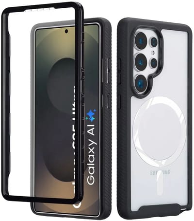 Hoesje met Ingebouwde Screenprotector Geschikt voor Samsung Galaxy S25 Ultra | Compatibel met MagSafe en Qi2 | Full Protect Valbescherming | Schokbestendige Beschermhoes | Doorzichtig / Zwart