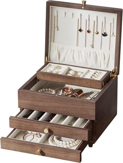 Sieradenkist van Zwart Walnoot, 3-Lagen Opbergruimte voor Kettingen, Ringen en Horloges, Perfect Cadeau voor Vrouwen