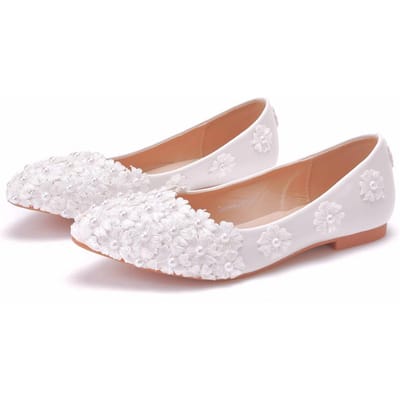 Platte Hak Puntige Neus Casual Dames Enkelschoenen Bloemen Nieuwe Lente Damesschoenen Ondiepe Mond Bedekt Modieuze en Comfortabele Platte Schoenen 38 white