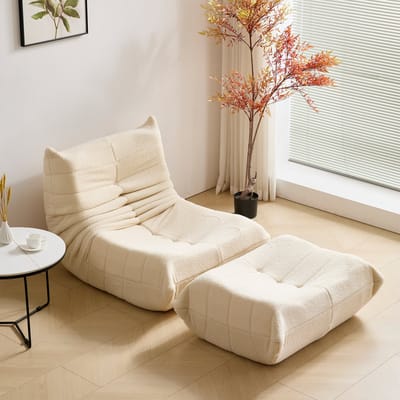 FloraGrace Ergonomische Zitzak Stoel - Volwassen Zitzak Met Voetenbank En Schuimvulling - Teddysamt Beige