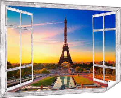 Gards Tuinposter Doorkijk Parijs Eiffeltoren tijdens de Zonsopkomst - 180x120 cm - Tuindoek - Tuindecoratie - Wanddecoratie buiten - Tuinschilderij