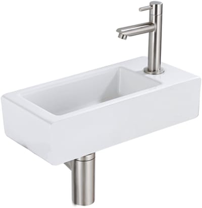 QeramiQ Fuente Fonteinset - 37.5x18.5x9cm - keramiek - kraangat rechts - fonteinkraan geborsteld RVS - afvoerplug - verlaagd sifon - Mat wit