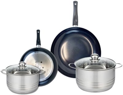 Set van 2 Koekenpannen 24 en 32 cm en 2 kookpotten 20 en 24 cm Elo Prima Glanzend