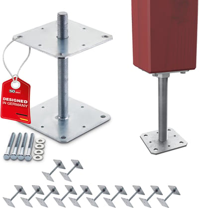 SOTECH set van 12 paaldragers 160 x 160 x 250 mm schroefdraad M24 staal thermisch verzinkt draagvoet hoogteverstelbaar verbindingsstuk om vast te schroeven weerbestendig