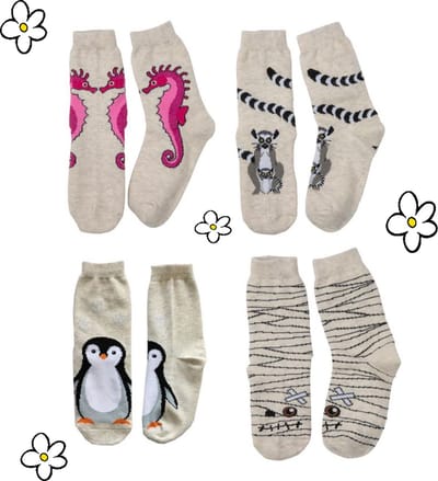 Nature Planet set van 4 leuke kindersokken, zeepaardje, ringstaartmaki, pinquin en mummie (100% Oeko-tex gecertificeerd), maat 19-22