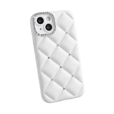 Wit gewatteerd telefoon hoesje geschikt voor iPhone 14 – dames – premium backcover case met rhinestone details en vierkant camera frame