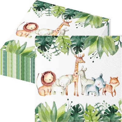 Set van 40 Verjaardagsservetten voor Kinderen, 33 x 33 cm, Zachte Jungle Motieven voor Feestjes en Verjaardagen