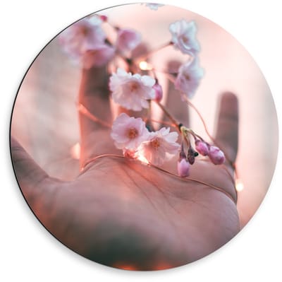 Dibond Wandcirkel - Hand met Bloemen en Lampjes - 50x50cm Foto op Aluminium Wandcirkel (met ophangsysteem)