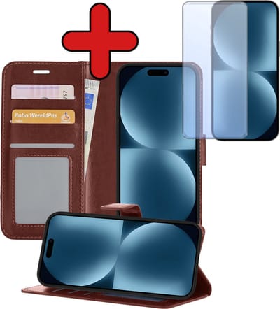 Hoesje - Met Screenprotector - Geschikt voor Apple iPhone 15 - Luxe Pasjeshouder - Flipcase - Bookcase Portemonee - Flip Case - Kunstleer Book Case - Book Cover - Walletcase - Portemonneehoes - Telefoonhoes - Bruin