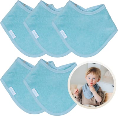 Funnies Bandana Slabbetjes 5 Stuks Blauw - Set van 5 Zachte Slabbetjes - Kwijldoekjes - Spuugdoekjes - Gemaakt van 100% Katoenen Badstof - Absorberend, Zacht en Makkelijk Wasbaar - Ideaal voor Baby’s bij Voeden, Kwijlen en Spugen