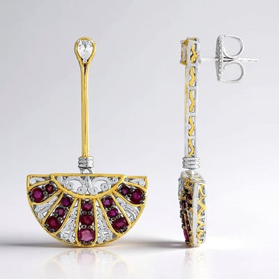 Cavill - 925 Sterling Zilver & Palladium Oorbellen - 1,908 ct Birmese Robijn & Peervormige Cambodjaanse Zirkonen - Elegant & Feestelijk