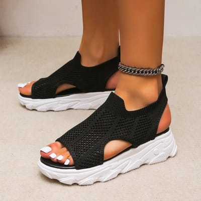 Sandales d'été pour femmes Couleur unie Mesh Chaussures compensées Découpées Décontractées Dames Bout ouvert À enfiler Plateforme Féminine Sandalias Mujer 38 noir