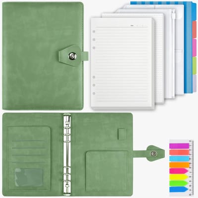 SnelShoppen - PU Leather A5 Ring Binder Notebook - 6 Ring Binder met 200 Vullingen - Planner met Scheiders - Perfect voor Kantoor en School - Olive Gr