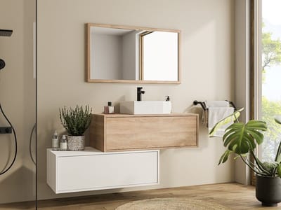 Vente-unique Hangend badkamermeubel, wit en licht naturel, met enkele wastafel en twee lades - 94 cm - TEANA II