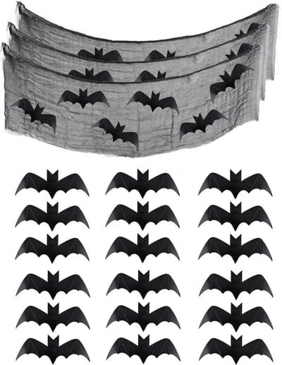 Horror/Halloween decoratie net/banner - 3x - 40 x 260 cm - zwart - 18 Vleermuizen - Spooky scene - muur/plafond versiering