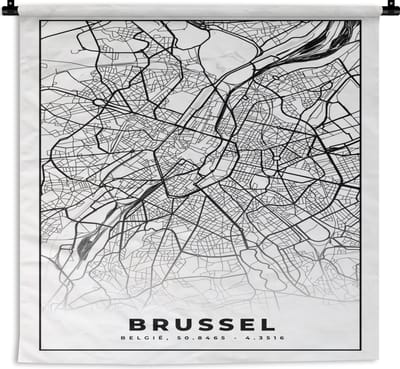 Wandkleed - Wanddoek - België – Brussel – Stadskaart – Kaart – Zwart Wit – Plattegrond - 180x180 cm - Wandtapijt