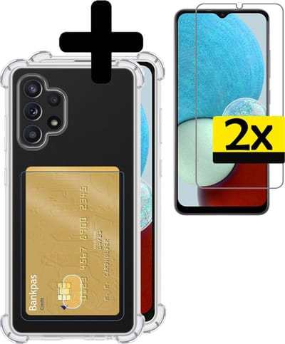 Hoesje - Geschikt voor Samsung Galaxy A32 4G - Met 2x Screenprotector - Pashouder - Kaarthouder - Telefoon Hoes Shockproof - Siliconen Case - Back Cover - Shock Proof - Pasjes Houder - Telefoonhoesjes - Transparant