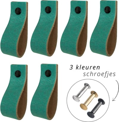 Handles and more - 6x Leren handgrepen lusjes - Zee Groen - XS (12,6cm) - incl. 3 kleuren schroefjes (handgreepjes - leren handgrepen - greepjes - leren lusjes)