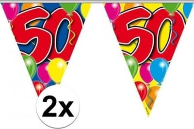 2x stuks leeftijd versiering vlaggenlijnen / vlaggetjes / slingers 50 jaar geworden thema 10 meter