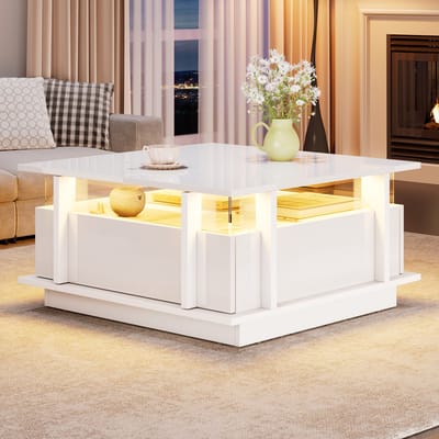 Wishdor - Salontafel - Hoogglans Met 2 Laden En Ledverlichting - Modern - Voor Kleine Ruimtes - Spaanplaat - Wit - 70 X 70 X 35 Cm