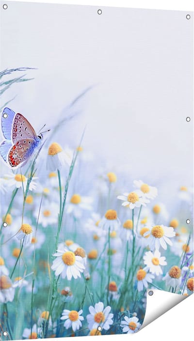 Gards Tuinposter Witte Kamille Bloemen met een Vlinder - 80x120 cm - Tuindoek - Tuindecoratie - Wanddecoratie buiten - Tuinschilderij