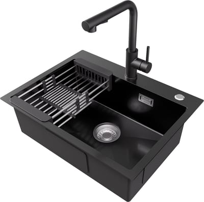 CECIPA max Spoelbak Keuken Anthracit - Met Uittrekbare Uitloop Keukenkraan Spoelbakken 60x45x18cm - Gootsteen van roestvrij staal - Enkele spoelbak - Incl. Sifon en Afvoerzeefje