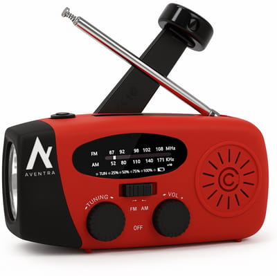 Aventra® Noodradio - Noodradio Solar Opwindbaar - Draagbare Radio met Stroom - Opwindbaar met Accu en Solar – Powerbank Zonneenergie - 2000 mAh Powerbank – AM/FM Radio - Met Zaklamp - Noodpakket en Noodrantsoen - Rood