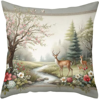 Hert en Bos Scènes Bloemen Decoratieve Kussenslopen Polyester kussensloop, bank decoratieve kussensloop Hoofdbord Kussen 45x45cm