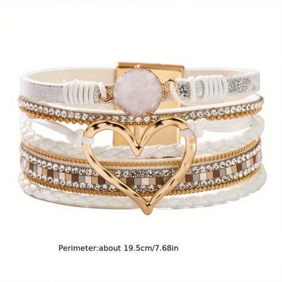 1 Stuk Handgeweven Meerlaags Leren Armband, Boheemse Stijl Gouden Hart Dames Armband Accessoire wit