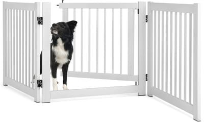 COSTWAY 24" 3 Paneel Opvouwbare Huisdierhek, Uitbreidbaar Hond Puppy Doorloop Veiligheidshek Met Deur, Dennenhout Vrijstaande Binnen Huisdier Veiligheidshek voor Deuropeningen, Trappen, Gangen, Volledig Gemonteerd, Wit