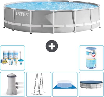 Intex Rond Prism Frame Zwembad - 427 x 107 cm - Grijs - Inclusief Pomp - Ladder - Grondzeil - Afdekzeil Onderhoudspakket - Filter