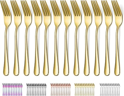 Set van 12 Gouden Tafelvorken van Roestvrij Staal, Ideaal voor Taart, Dessert en Diner, Vaatwasserbestendig en Makkelijk Schoon te Maken