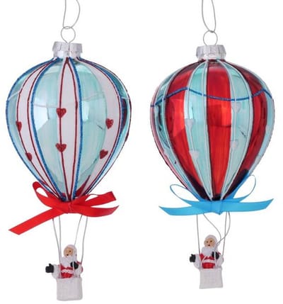 Kersthanger - Set van 2 Luchtballonnen met de kerstman - Blauw en Rood - H14cm