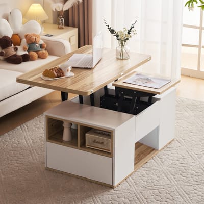 REDOM Salontafel met Opklapbaar Blad - Lift-top Salontafel met Lades & Opbergruimte - Wit / Eiken - 100x51x47 cm