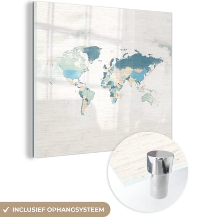 ® Glasschilderij 90x90 cm - Schilderij acrylglas - Wereldkaart - Kleuren - Wit - Foto op glas - Muurdecoratie woonkamer - Wanddecoratie slaapkamer - Schilderijen