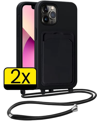 Hoesje Geschikt voor iPhone 13 Pro Telefoonhoesje Met Koord Case Pashouder Siliconen - Hoes Geschikt voor iPhone 13 Pro Hoesje Met Kaarthouder - Zwart - 2 Stuks