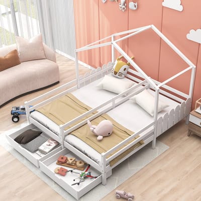KOMHTOM Kinderbed 200x90 cm voor huishoudelijk gebruik 2 laden met wielen grenen lattenbodem Wit
