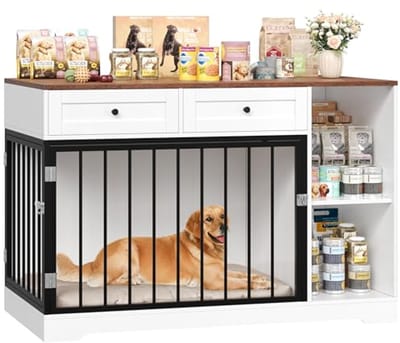 Hondenbench van metaal en hout, 120 cm breed, hondenbox met 2 laden voor thuis, bruin en wit