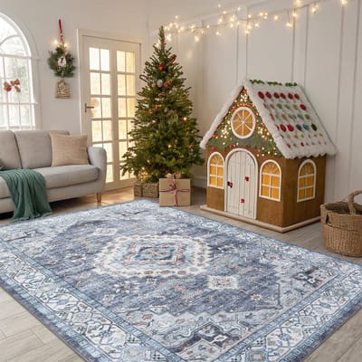 Olanly Vintage Vloerkleed - Grijsblauw-Laagpolig Tapijt Woonkamer - 153x214 cm