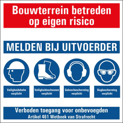 Bouwterrein melden bij uitvoerder sticker 150 x 150 mm