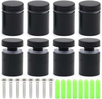 8 Standaard Glazen Wandbevestigingen 19x25mm RVS Schroeven voor Advertentiedoeleinden, Zwart, Ideaal voor Wandmontage en Bevestigen van Borden