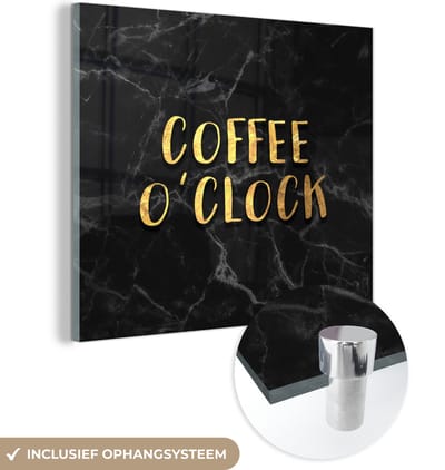 MuchoWow® Glasschilderij 50x50 cm - Schilderij acrylglas - Quote - Koffie - Goud - Marmer - Foto op glas - Schilderijen