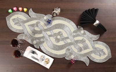 & Pro Tafelloper met kralen 36 inch, Glitz tafelloper, decoratieve boerderij tafelloper, rustieke bruids douche kralen tafelloper - boogontwerp - 31 x 91 cm (13 x 91 cm) - zilver ivoor
