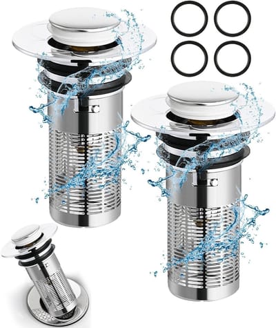 Afvoerstopper set van 2, push-type wastafelstopper met terugslagkern, anti-verstopping zeef voor keuken en badkamerafvoer, universele pop-up oplossing