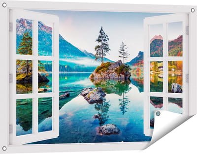 Gards Tuinposter Doorkijk Meer in de Bergen tijdens de Herfst - 90x60 cm - Tuindoek - Tuindecoratie - Wanddecoratie buiten - Tuinschilderij