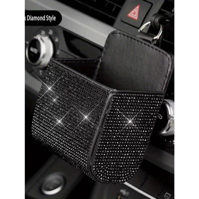 1 stuks Auto Opbergdoos Auto Luchtuitlaat Leer Multifunctioneel Mobiele Telefoon Sigaretten Wisselgeld Kaart Ophangbare Opbergzak Diamant one-size zwart