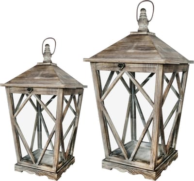 Set 2 lantaarns naturel bruin hout/glas 29x29x57cm | A230004 | Dekoratief