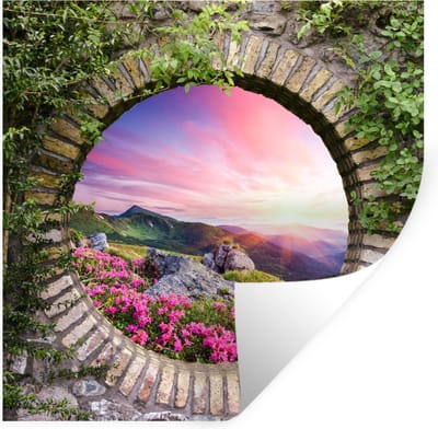 Muurstickers - Sticker Folie - Landschap - Bloemen - Doorkijk - Berg - 100x100 cm - Plakfolie - Muurstickers Kinderkamer - Zelfklevend Behang XXL - Zelfklevend behangpapier - Stickerfolie